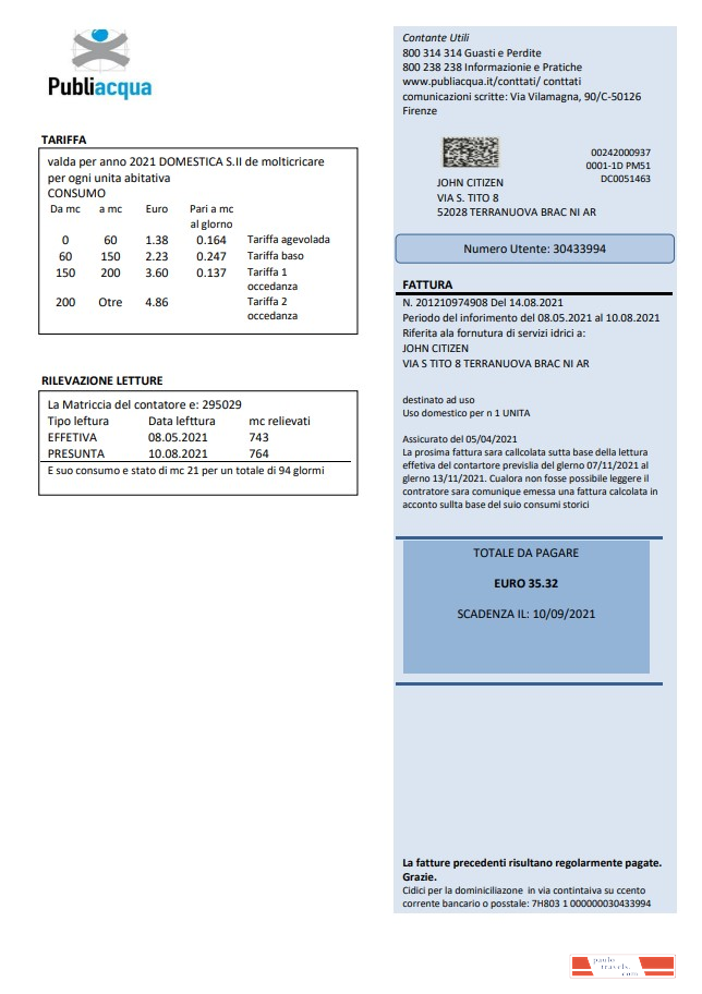 Italy Publiacqua utility bill template in Word and PDF format